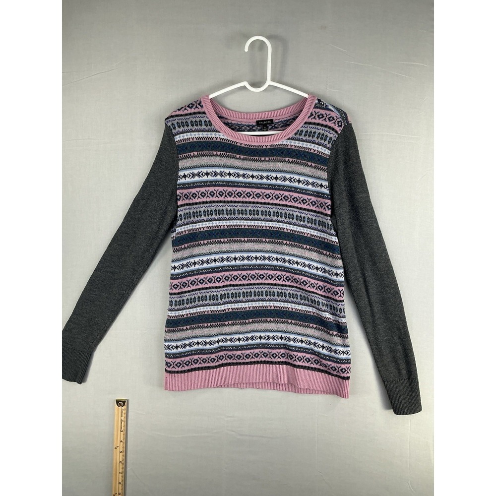 Talbots Petites SP Gray Pink Fair Isle Knit Casual Sweater Soft Lambswool Blend